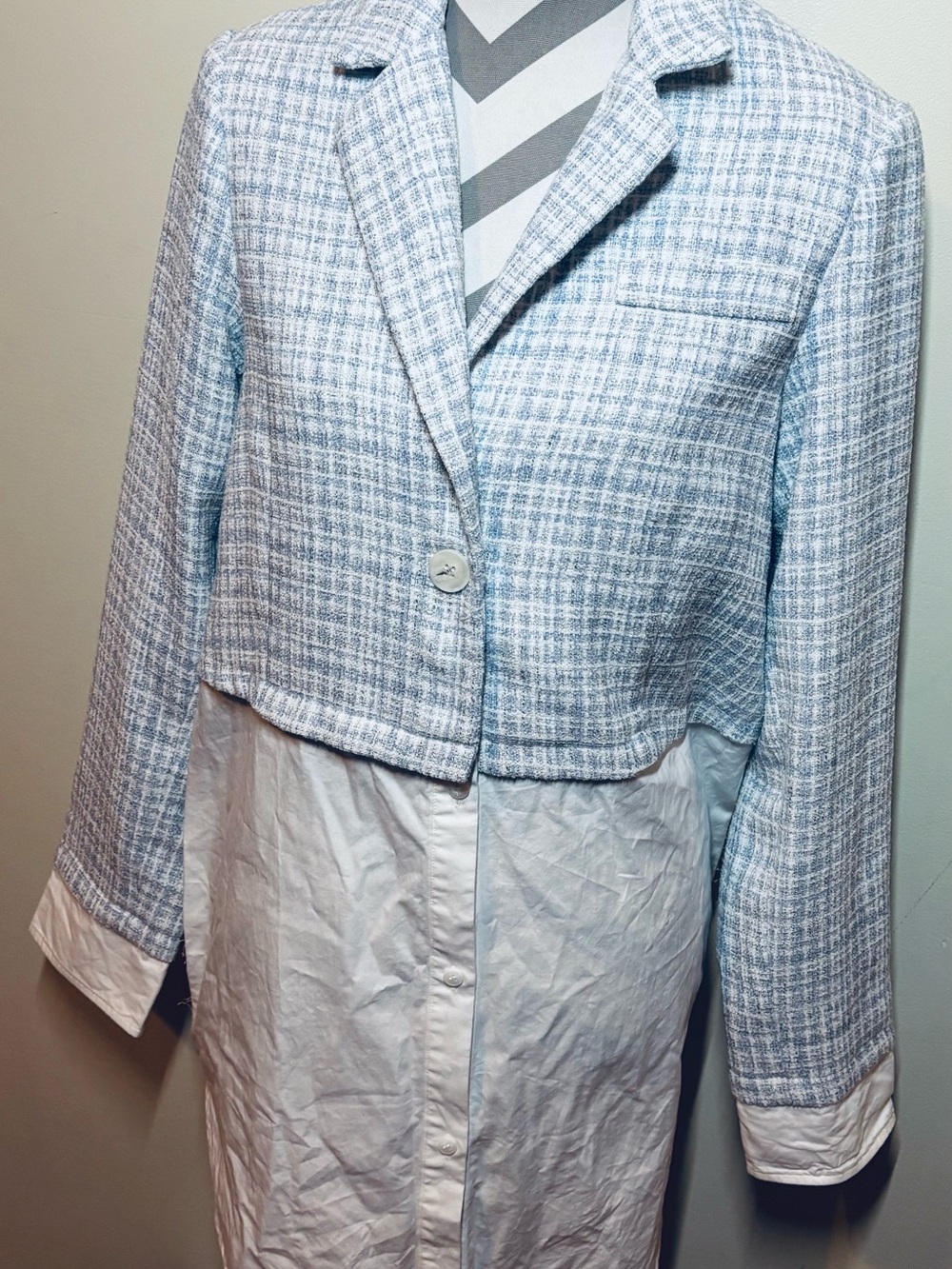 Mystree Light Blue Plaid Cropped Blazer with white shirt layered look